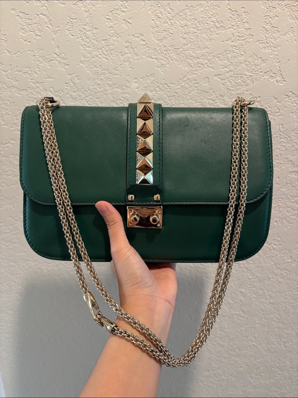 Valentino Garavani Green Leather Rockstud Glam Lock Flap Bag Chain